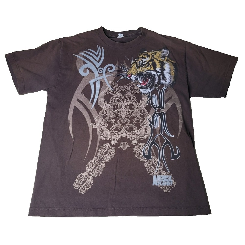 Y2K Animal Planet Tiger T Shirt Mens‎ L Tribal Graphic Promo Brown